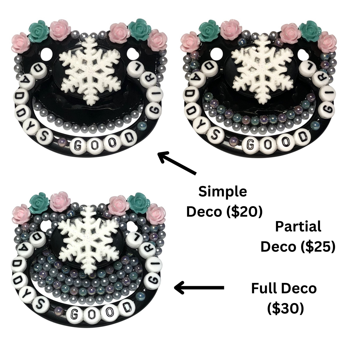 Baby Bear Pacis Adult Pacifier "Daddy's Good Girl" Black Snowflake Adult Paci (DDLG/ABDL)