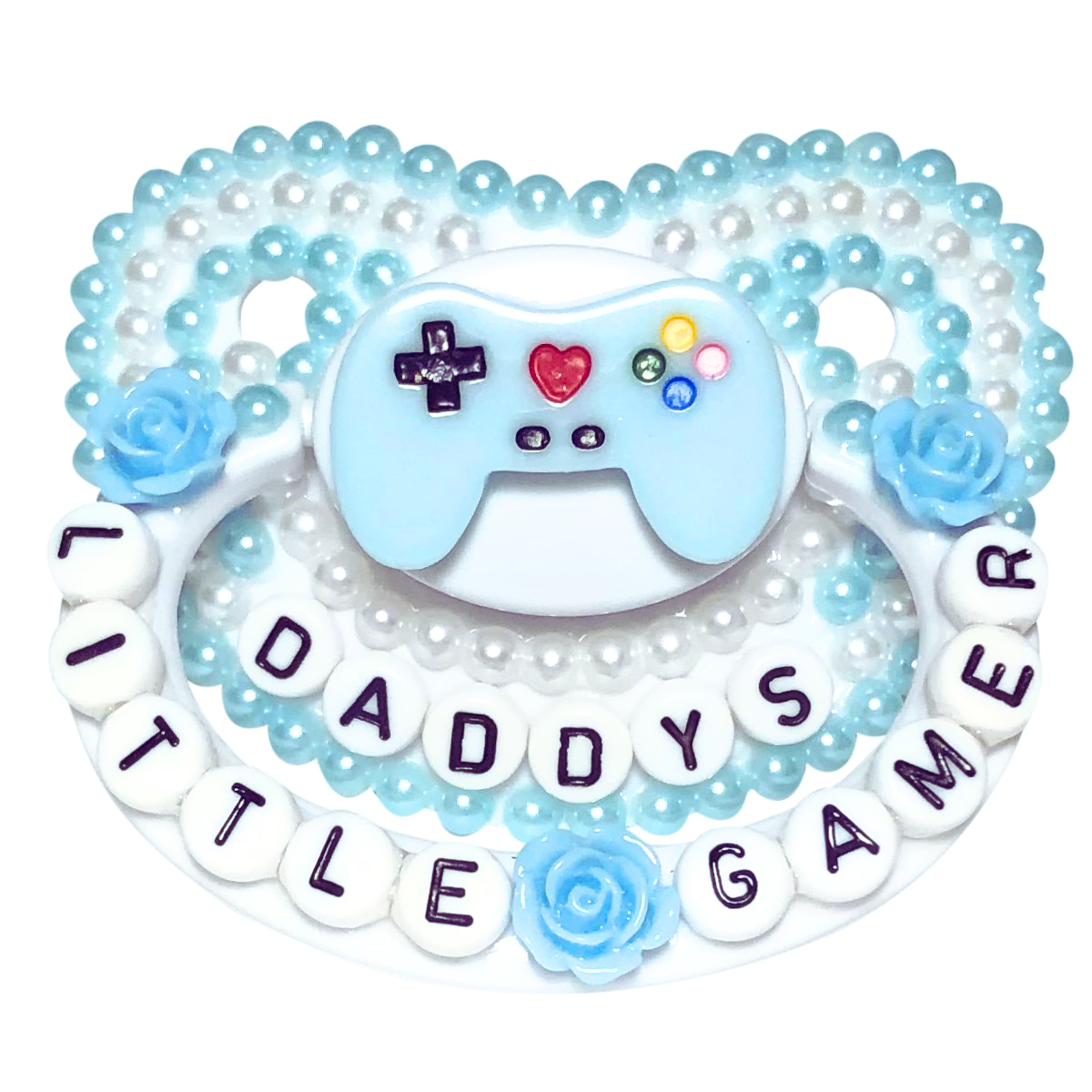 Baby Bear Pacis Adult Pacifier "Daddy's Little Gamer" White Blue Game Controller Paci (DDLG/ABDL)