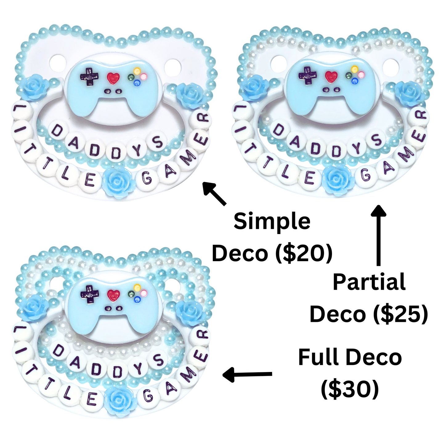 Baby Bear Pacis Adult Pacifier "Daddy's Little Gamer" White Blue Game Controller Paci (DDLG/ABDL)