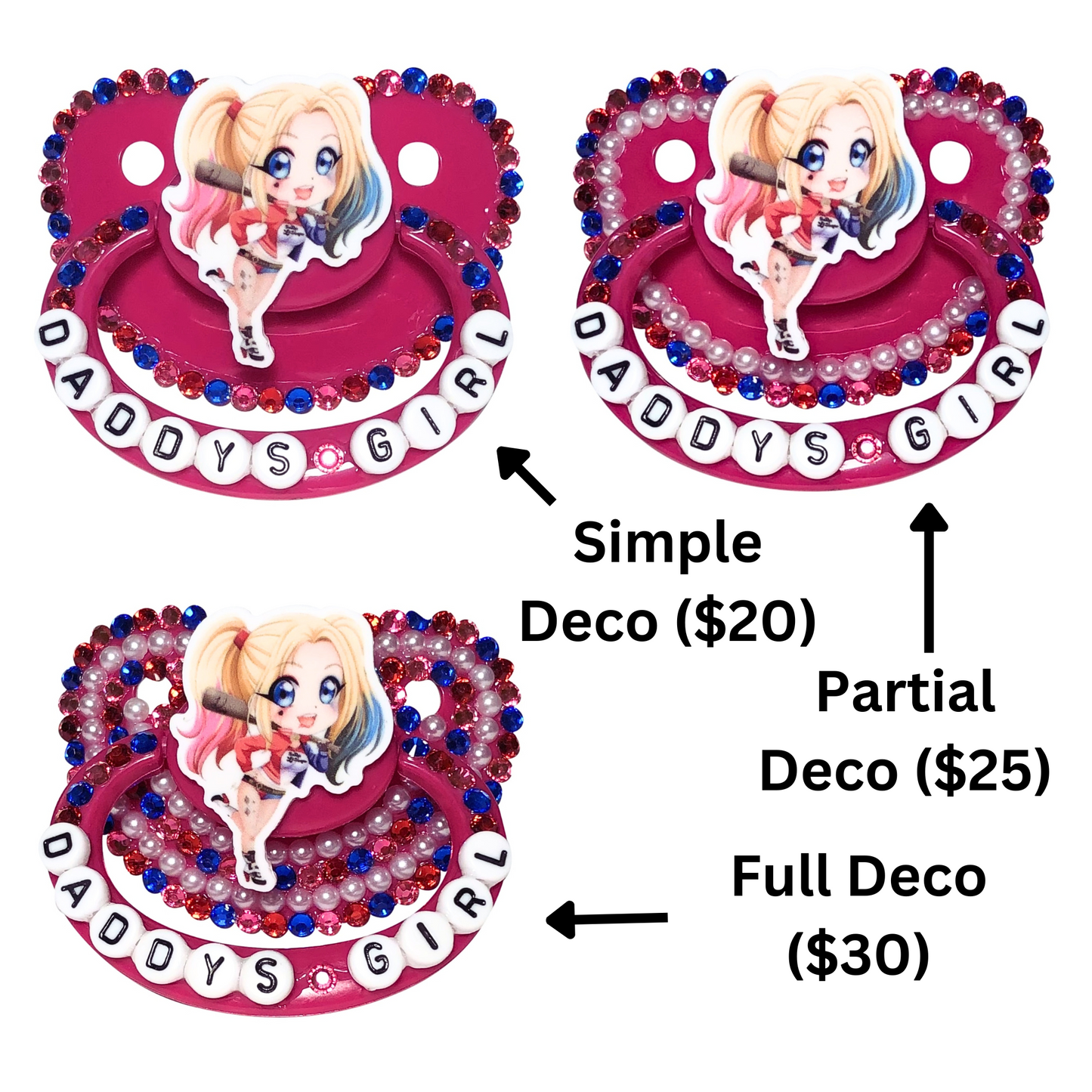 Baby Bear Pacis Adult Pacifier, "Daddy's Girl" Pink Harley Quinn Adult Paci (DDLG/ABDL)