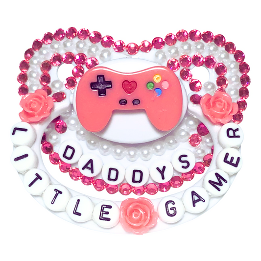 Baby Bear Pacis Adult Pacifier "Daddy's Little Gamer" White Dark Pink Adult Paci (DDLG/ABDL)