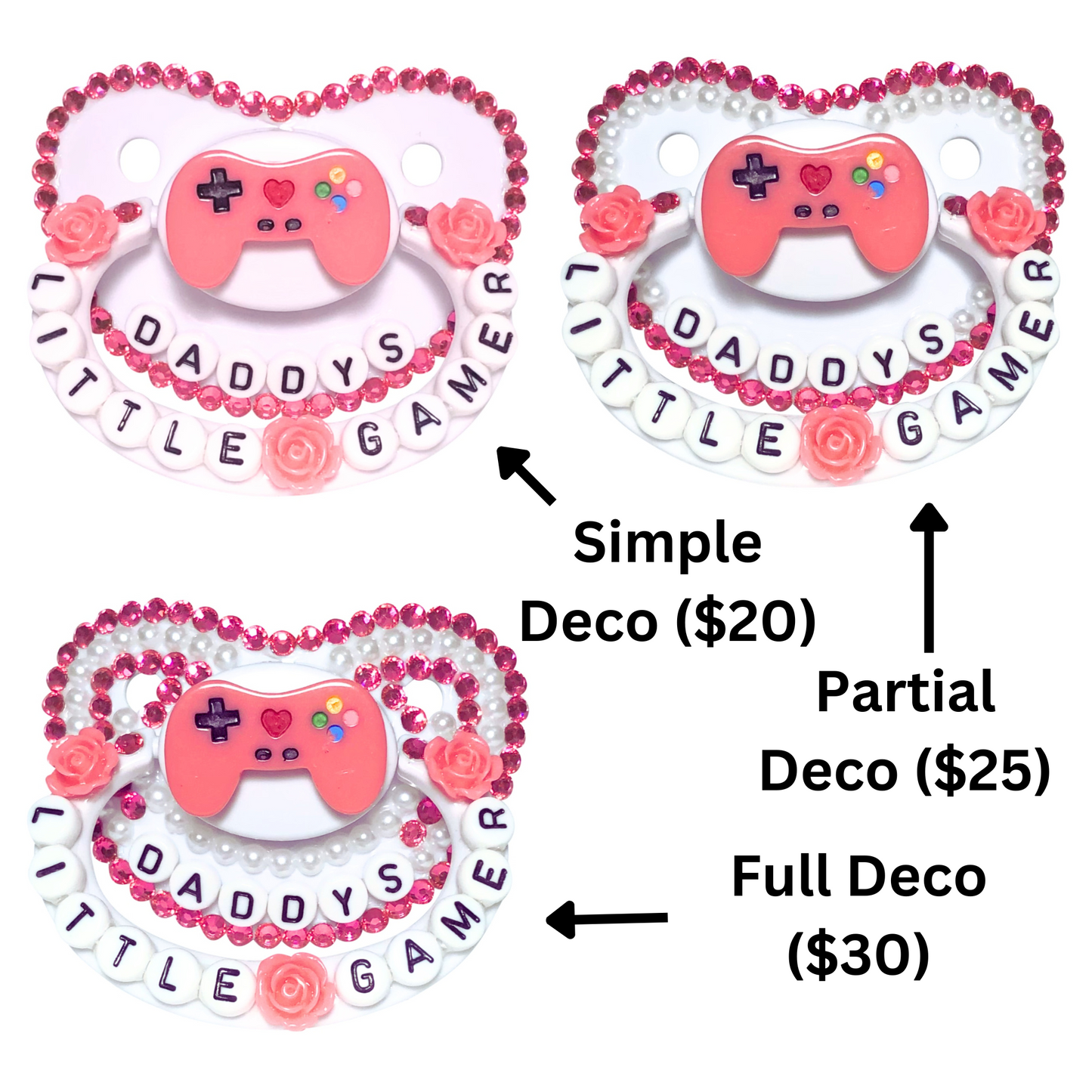 Baby Bear Pacis Adult Pacifier "Daddy's Little Gamer" White Dark Pink Adult Paci (DDLG/ABDL)