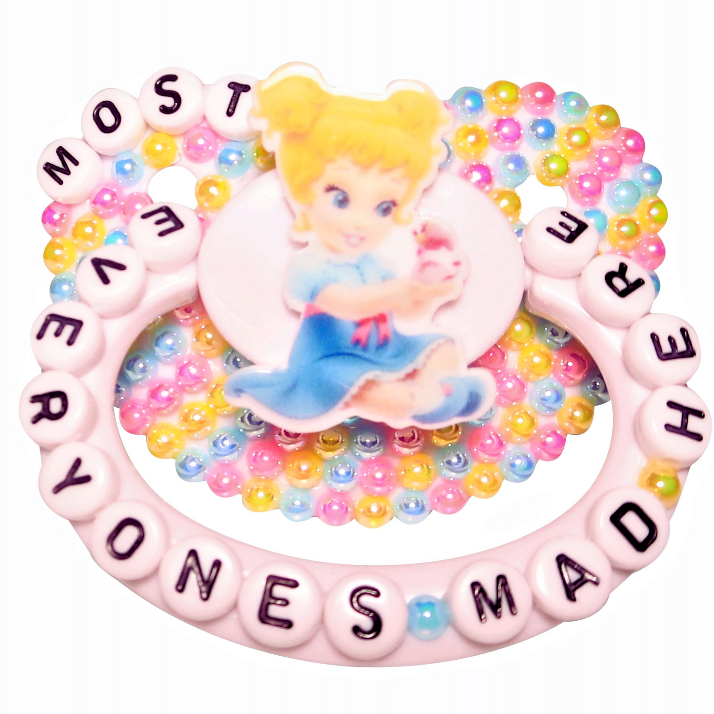 Baby Bear Pacis Adult Pacifier, "Most Everyone's Mad Here" Alice in Wonderland White Adult Paci (DDLG/ABDL)