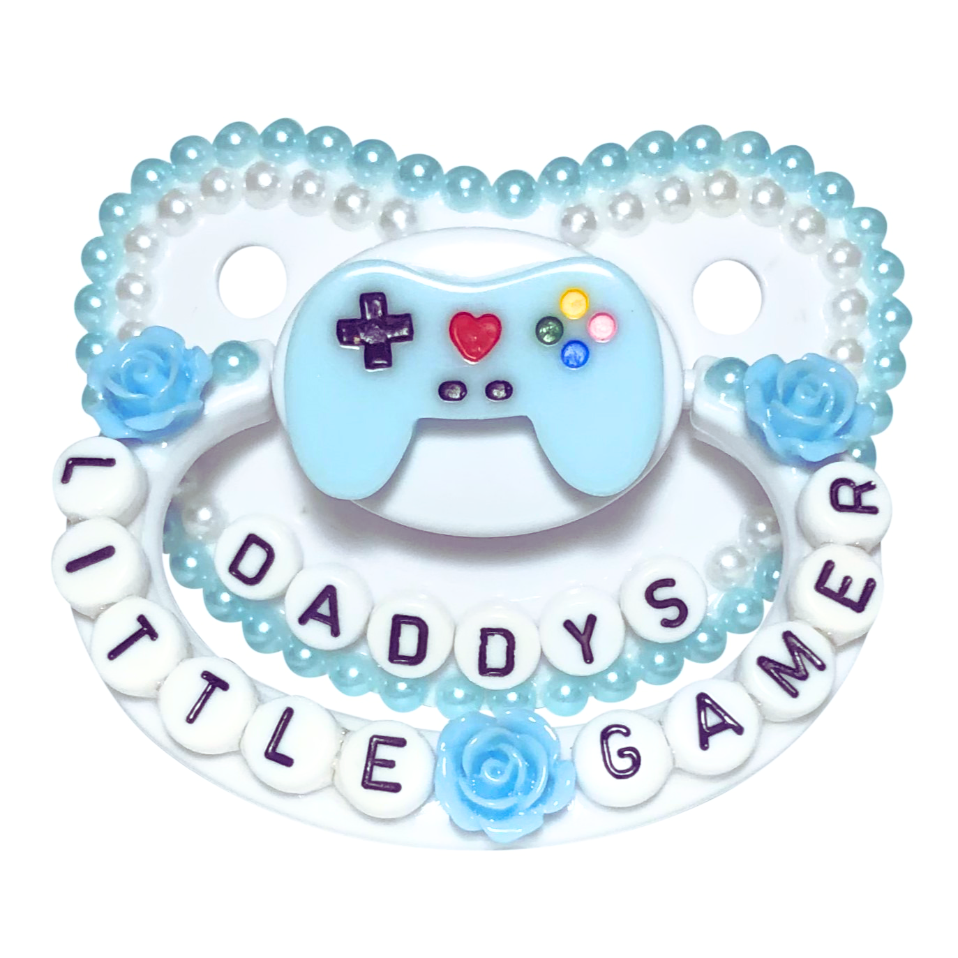 Baby Bear Pacis Adult Pacifier "Daddy's Little Gamer" White Blue Game Controller Paci (DDLG/ABDL)