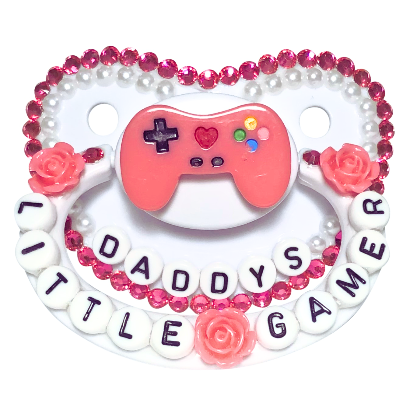 Baby Bear Pacis Adult Pacifier "Daddy's Little Gamer" White Dark Pink Adult Paci (DDLG/ABDL)