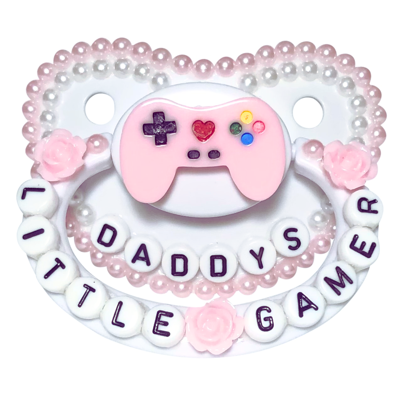 Baby Bear Pacis Adult Pacifier "Daddy's Little Gamer" White Light Pink Adult Paci (DDLG/ABDL)