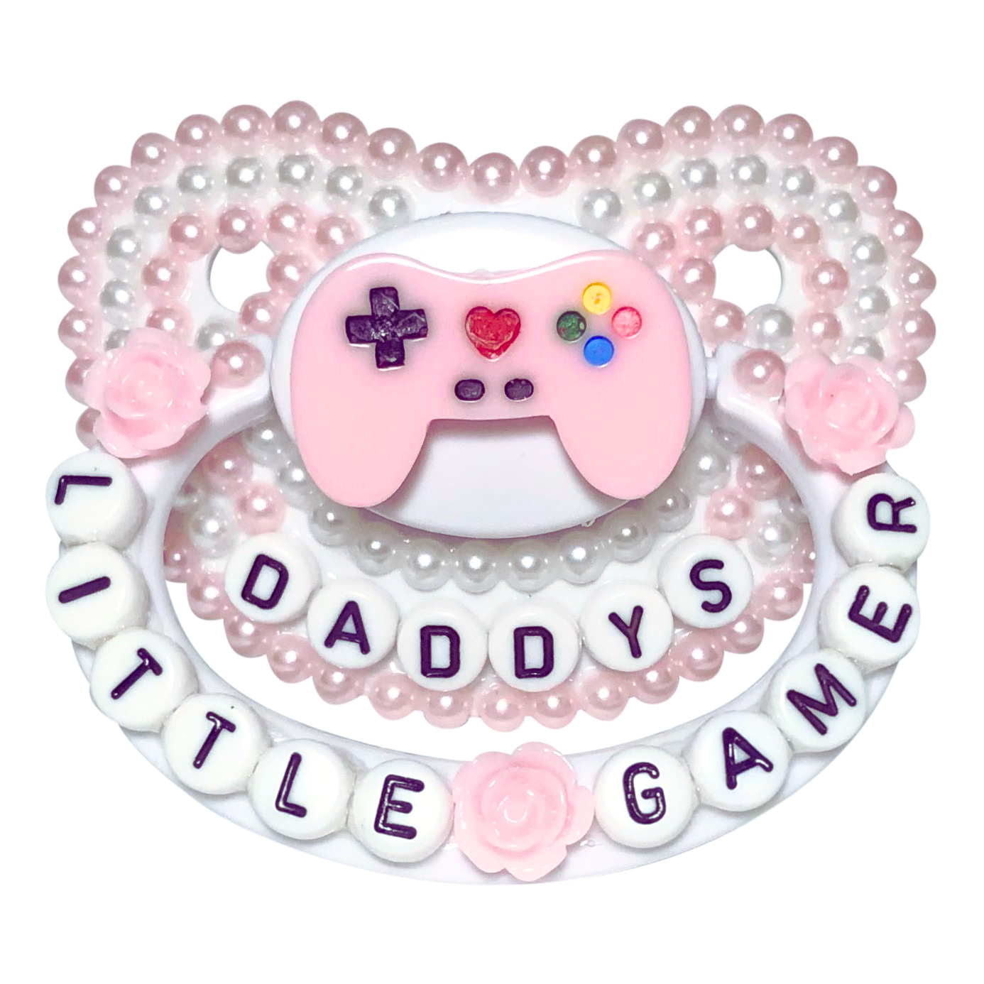 Baby Bear Pacis Adult Pacifier "Daddy's Little Gamer" White Light Pink Adult Paci (DDLG/ABDL)