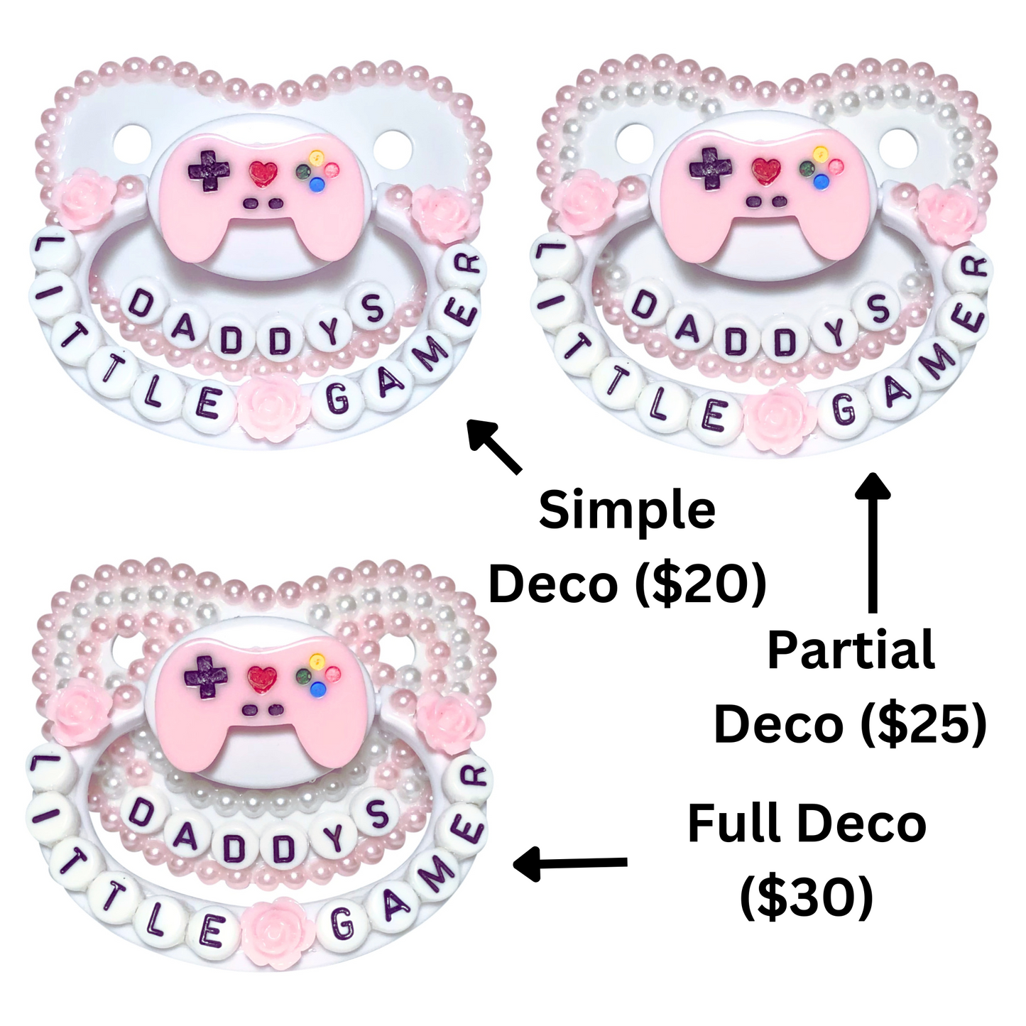 Baby Bear Pacis Adult Pacifier "Daddy's Little Gamer" White Light Pink Adult Paci (DDLG/ABDL)