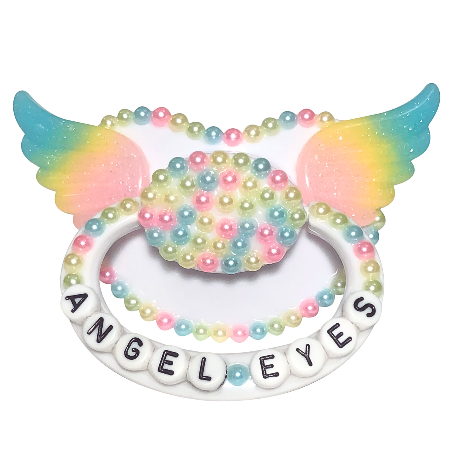 Baby Bear Pacis Adult Pacifier, "Angel Eyes" White Rainbow Wings Adult Pacifier (DDLG/ABDL)