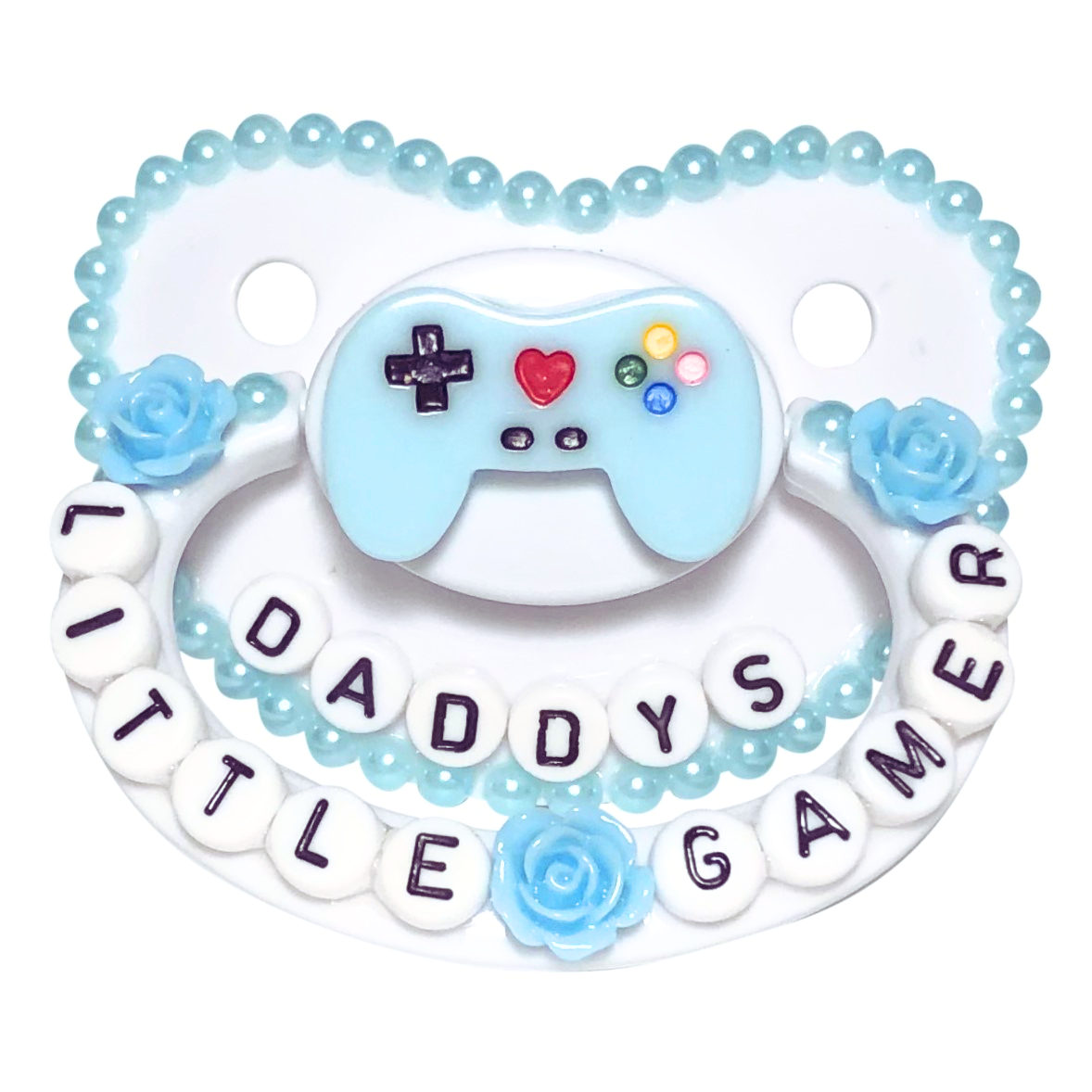 Baby Bear Pacis Adult Pacifier "Daddy's Little Gamer" White Blue Game Controller Paci (DDLG/ABDL)