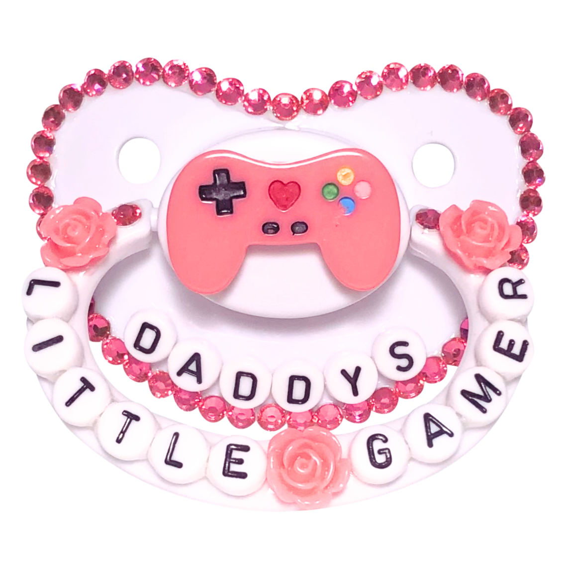 Baby Bear Pacis Adult Pacifier "Daddy's Little Gamer" White Dark Pink Adult Paci (DDLG/ABDL)