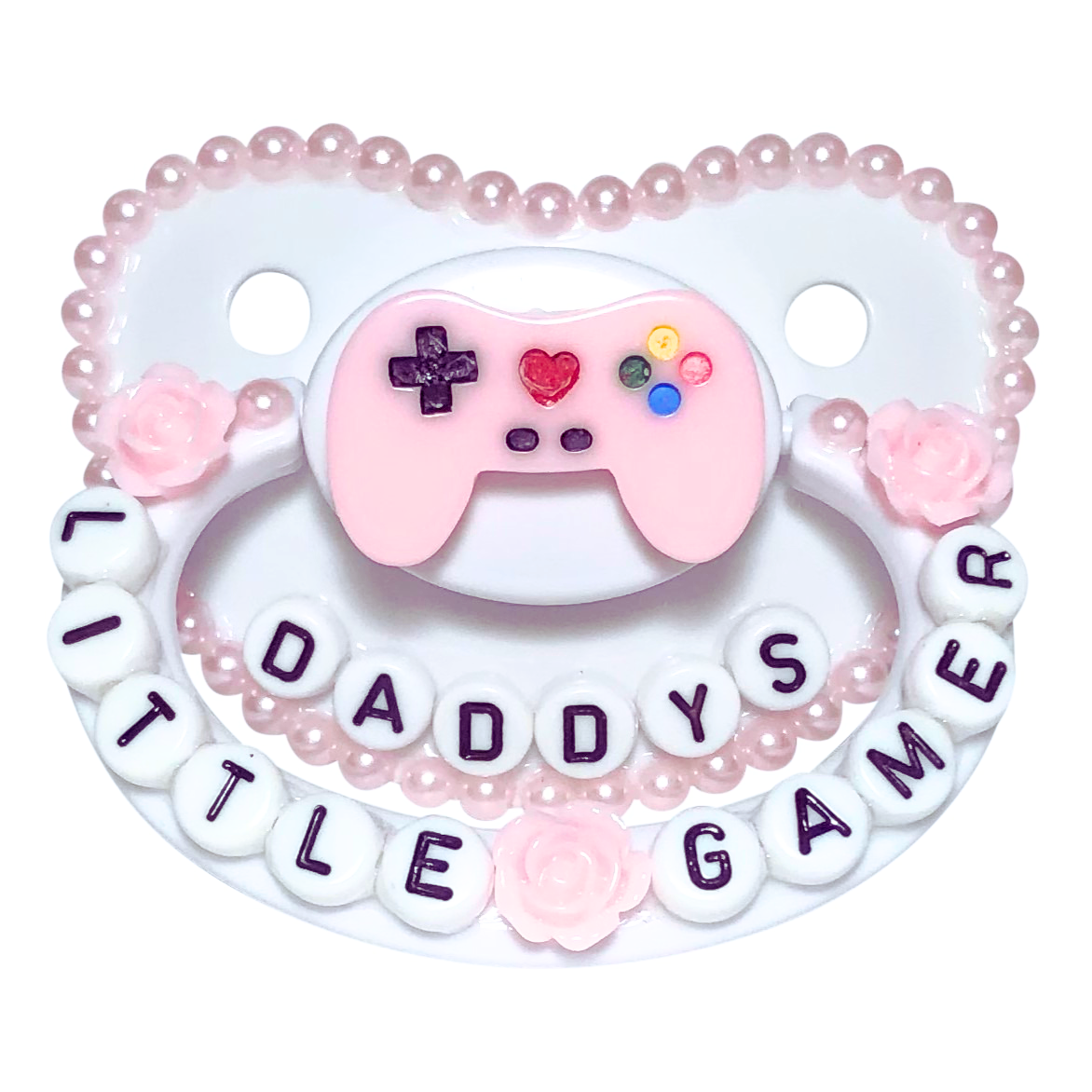 Baby Bear Pacis Adult Pacifier "Daddy's Little Gamer" White Light Pink Adult Paci (DDLG/ABDL)